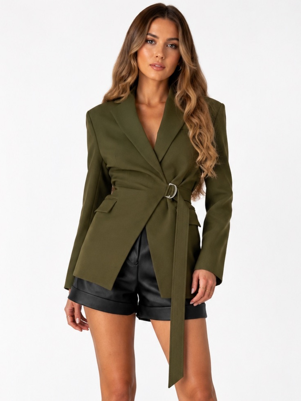 Commense Boho Tie Olive Green Cutout Open Back Belted Blazer Size L